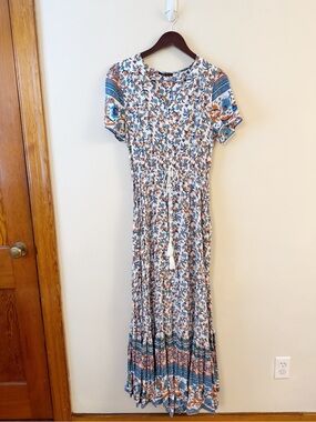 Caroline Morgan Boho Floral Maxi Dress with Drawstring Waist White Multi Medium